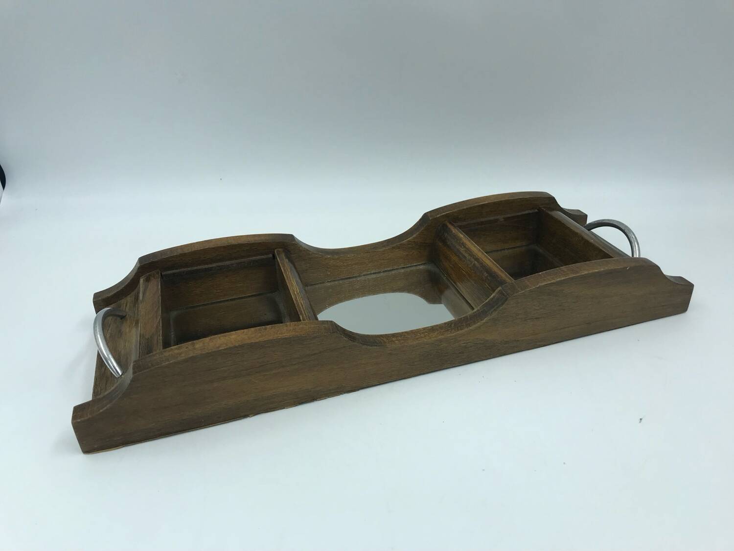 Vintage antique wooden and mirror compartment tray