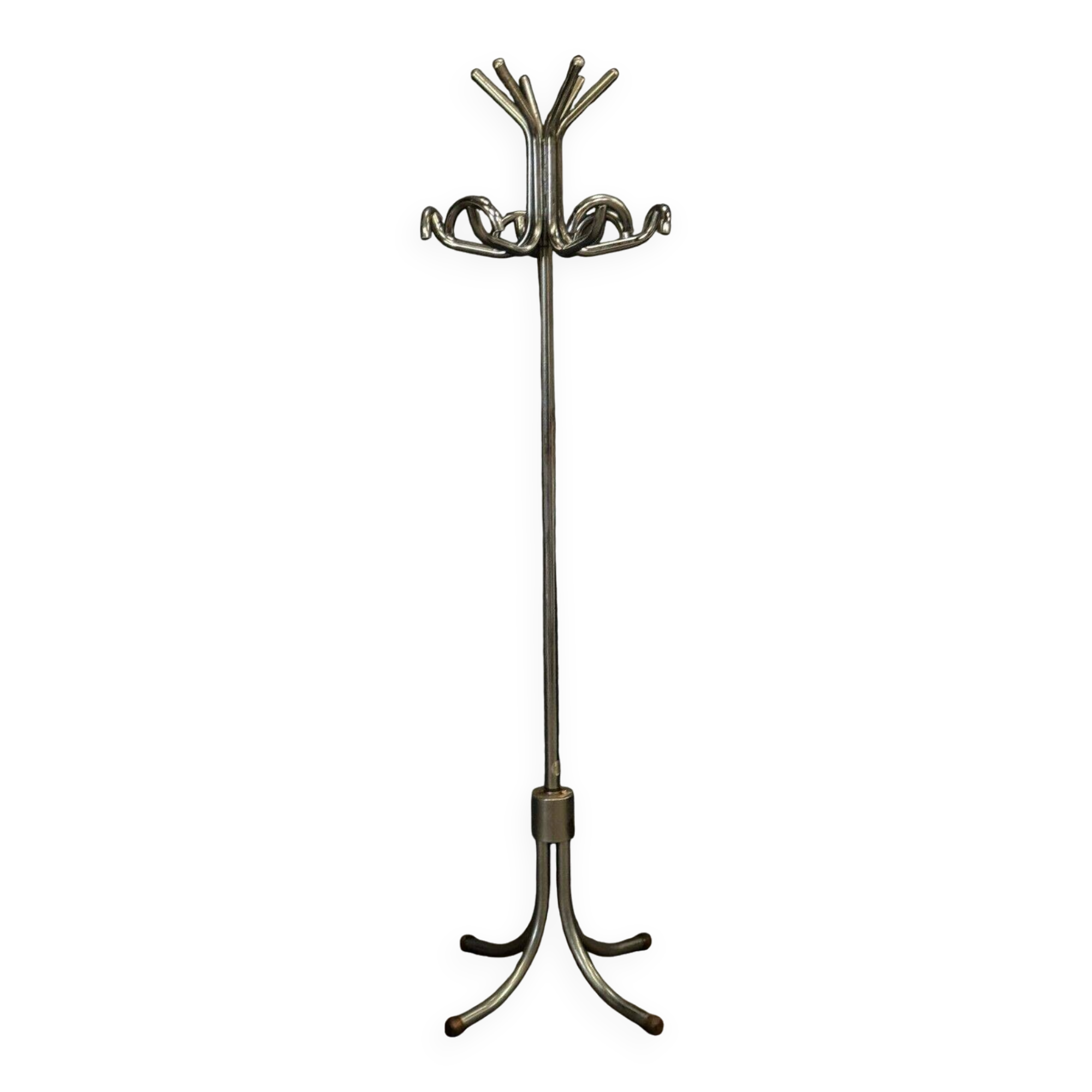 1960s chrome-plated aluminum parrot coat rack with tripod base