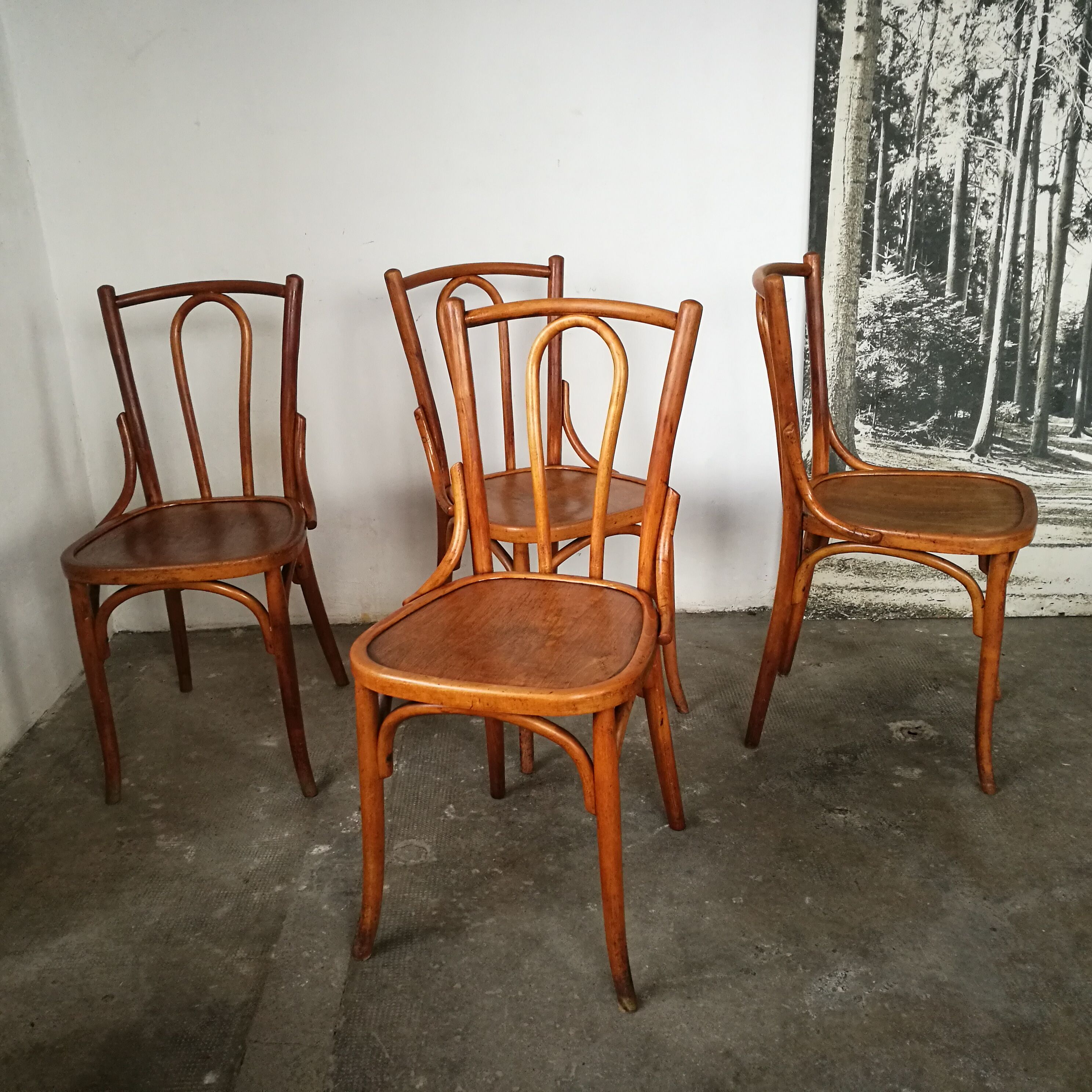Set of 4 curved wooden bistro chairs, pin back