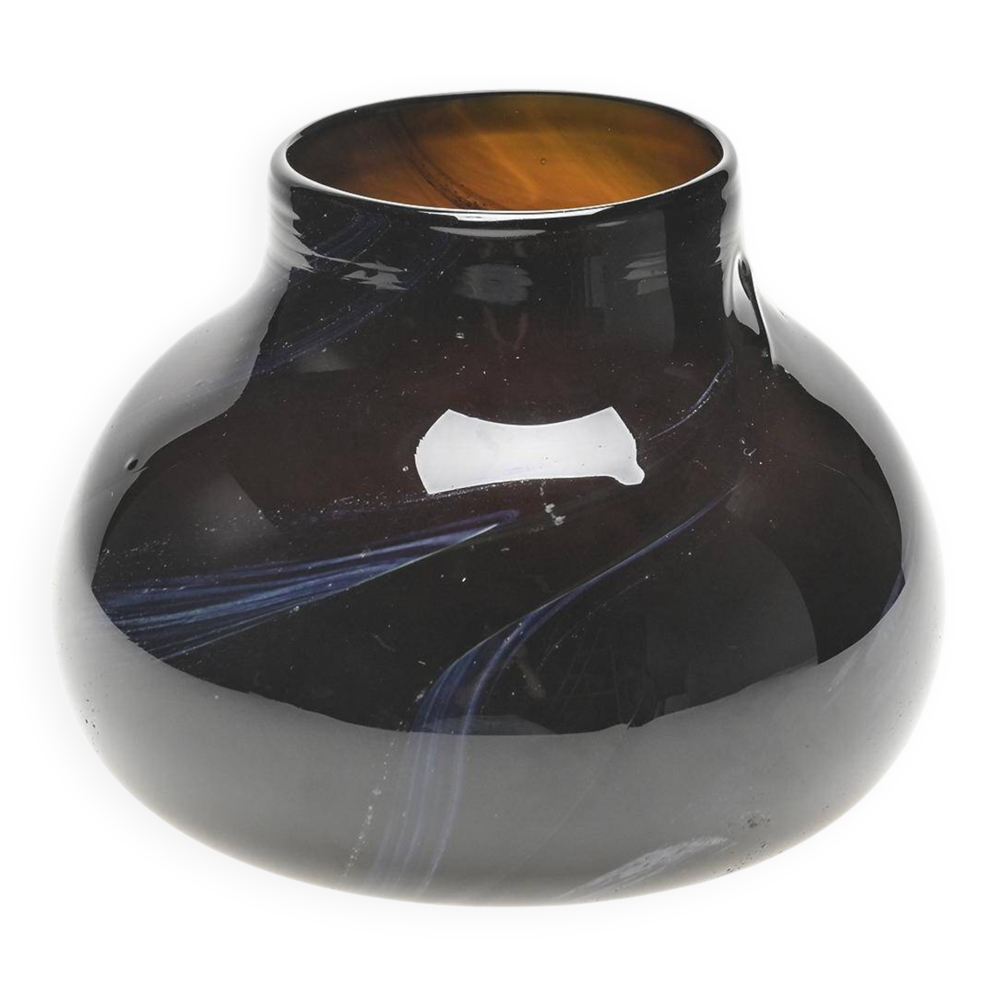 Brown blown glass vase with blue scrolls by Claude Morin, Dieulefit 1979