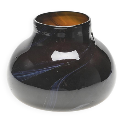 Vase en verre soufflé brun à volutes bleues par Claude Morin, Dieulefit 1979