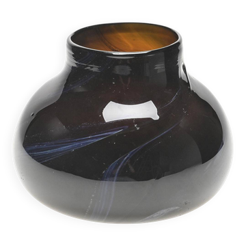 Brown blown glass vase with blue scrolls by Claude Morin, Dieulefit 1979