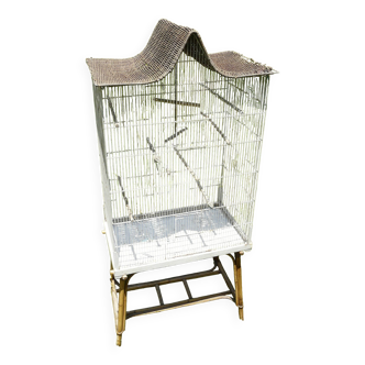 Grande cage à oiseaux vintage 1970 métal et rotin