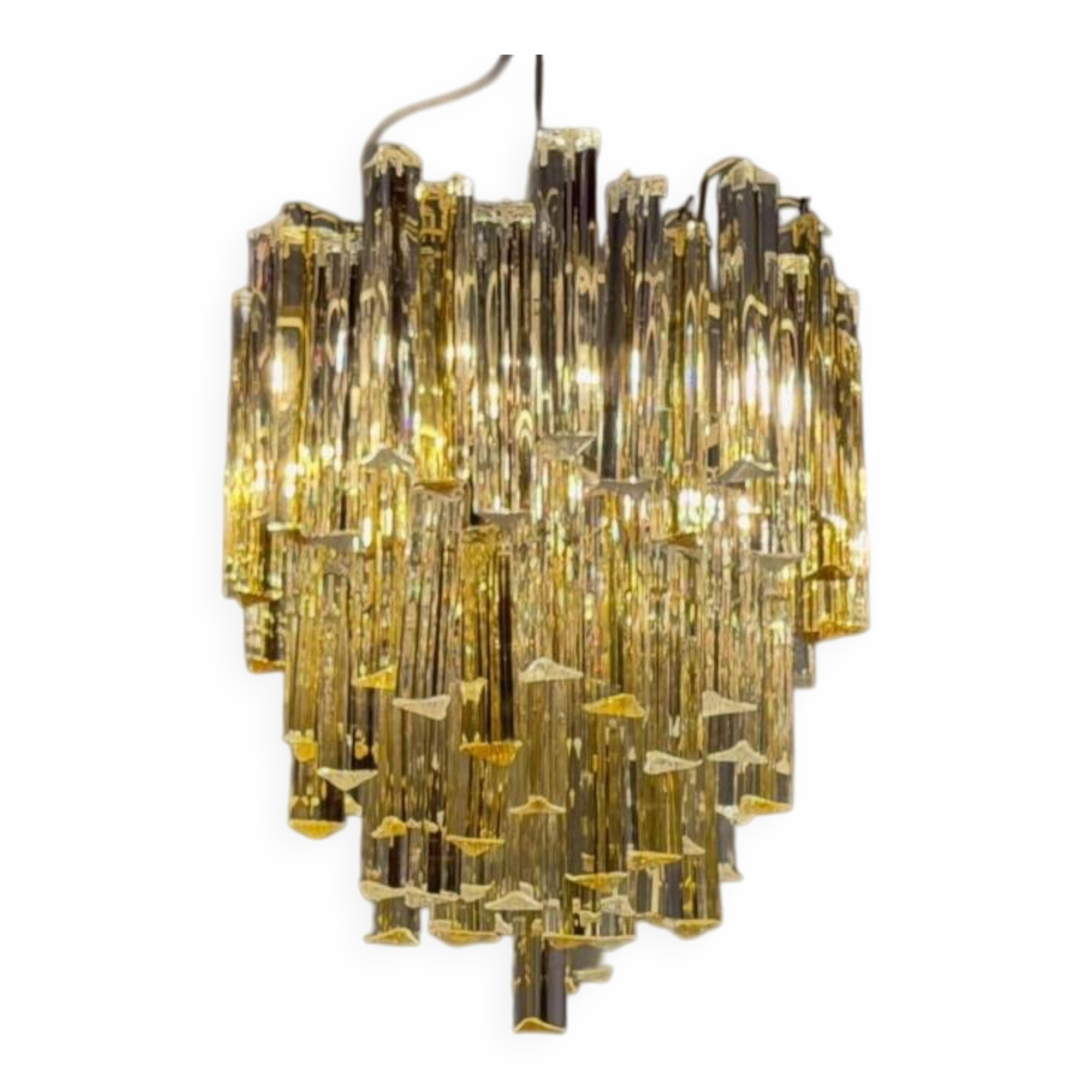 Venetian chandelier in colourless and gold Murano glass, Venini Triedi model, circa 1960.