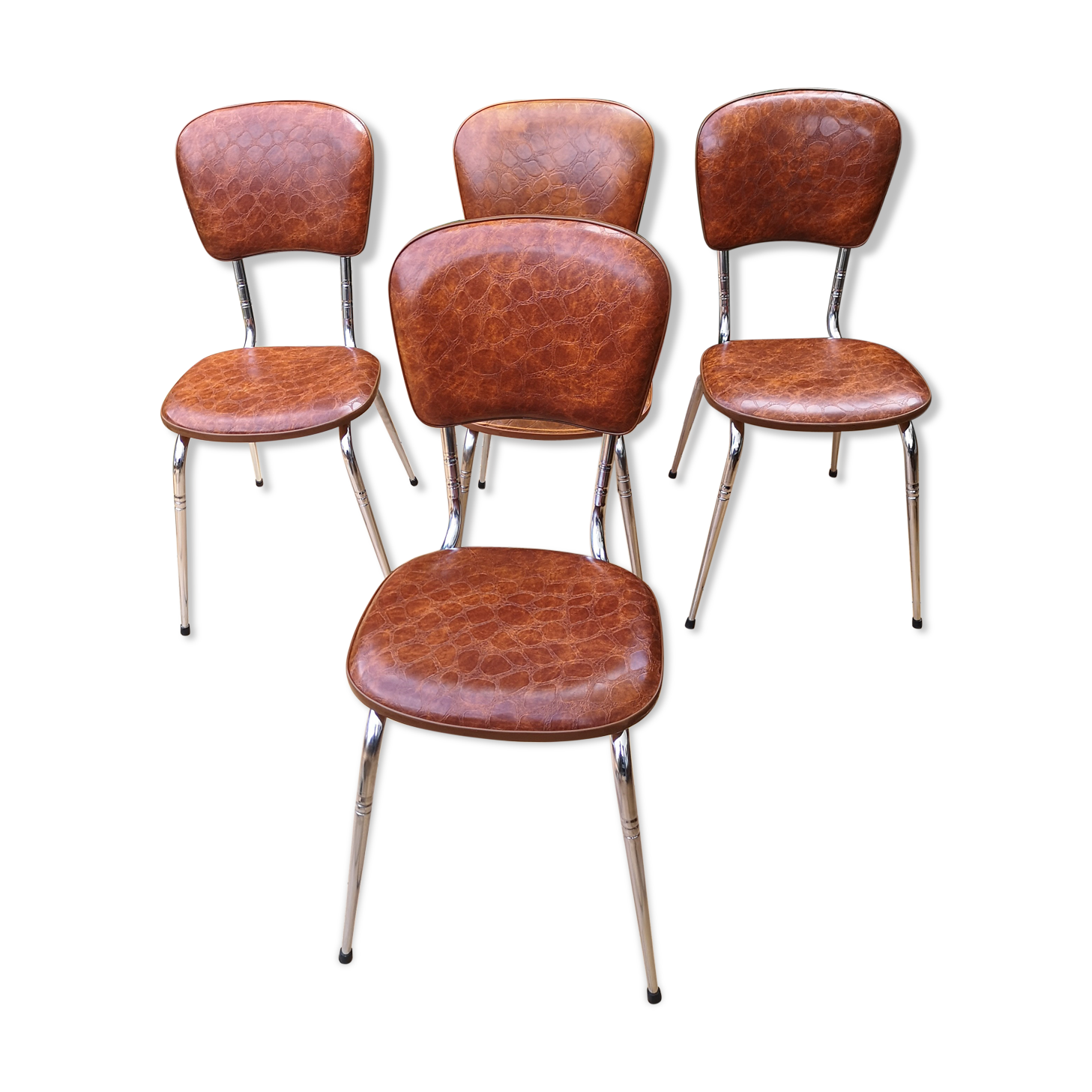 Lot of 4 vintage chairs in skai camel croc effect
