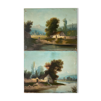Paintings hanging from barbizon canvas (XIX°) "Animated lake landscape"