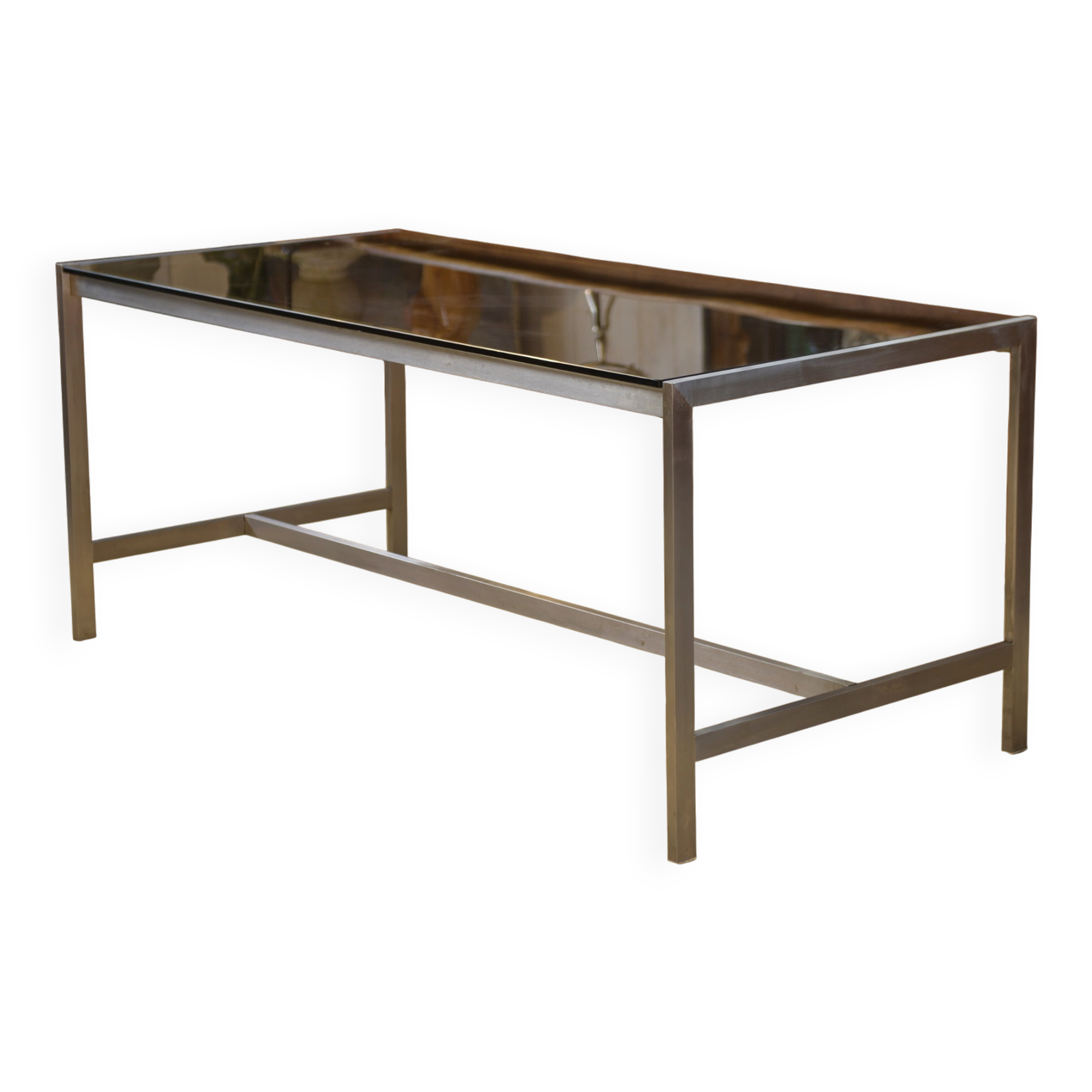 Brushed stainless steel and smoked black glass desk from the 1980s.