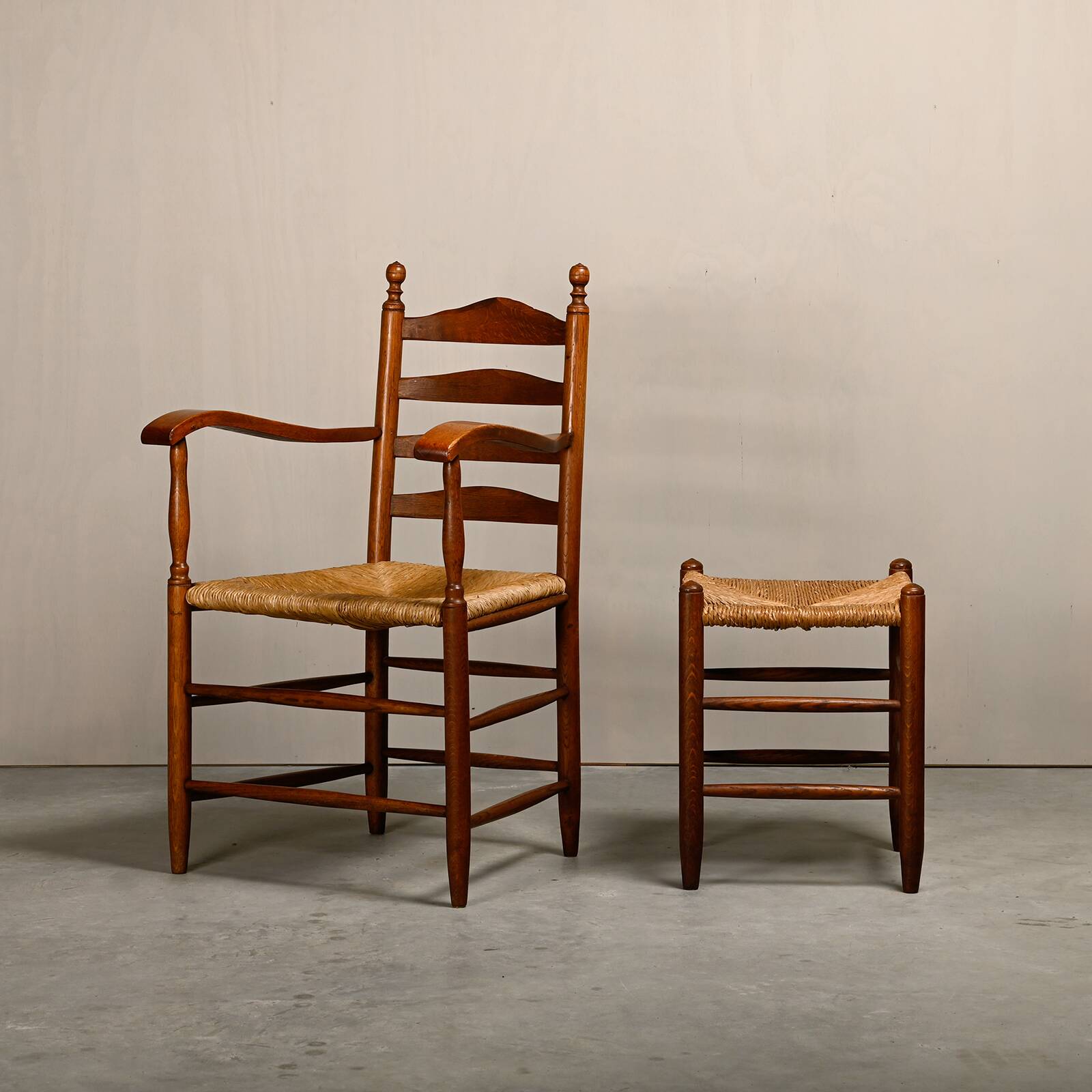 Rustic Armchair and Stool in stained oak and rush, France 1950s