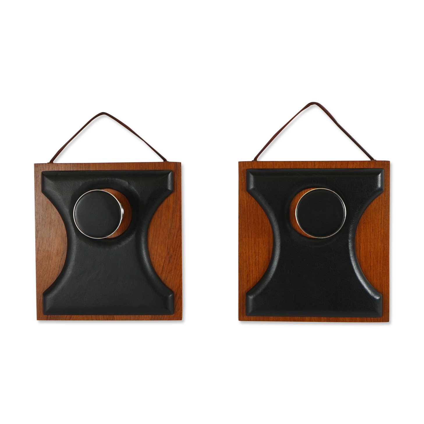 Two coat hangers, wood, leather and black leather, 70s