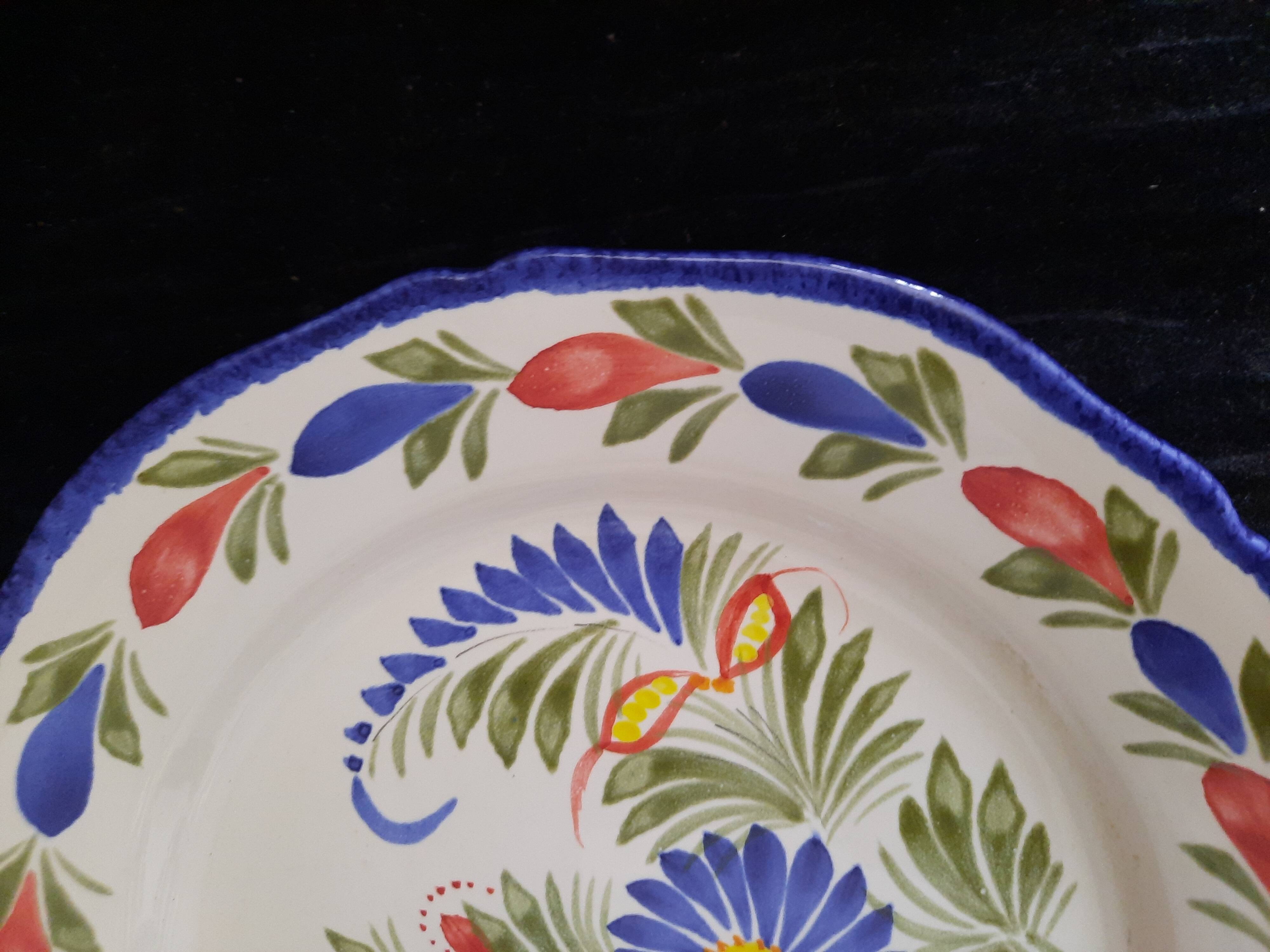 Old flat plate faience hb quimper hand-painted floral decoration