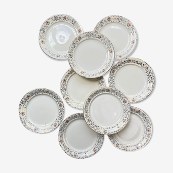 9 assiettes plates Villeroy Boch en porcelaine blanche dorées motif fleuris