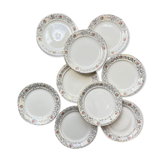 9 Villeroy Boch flat plates in white golden porcelain floral pattern
