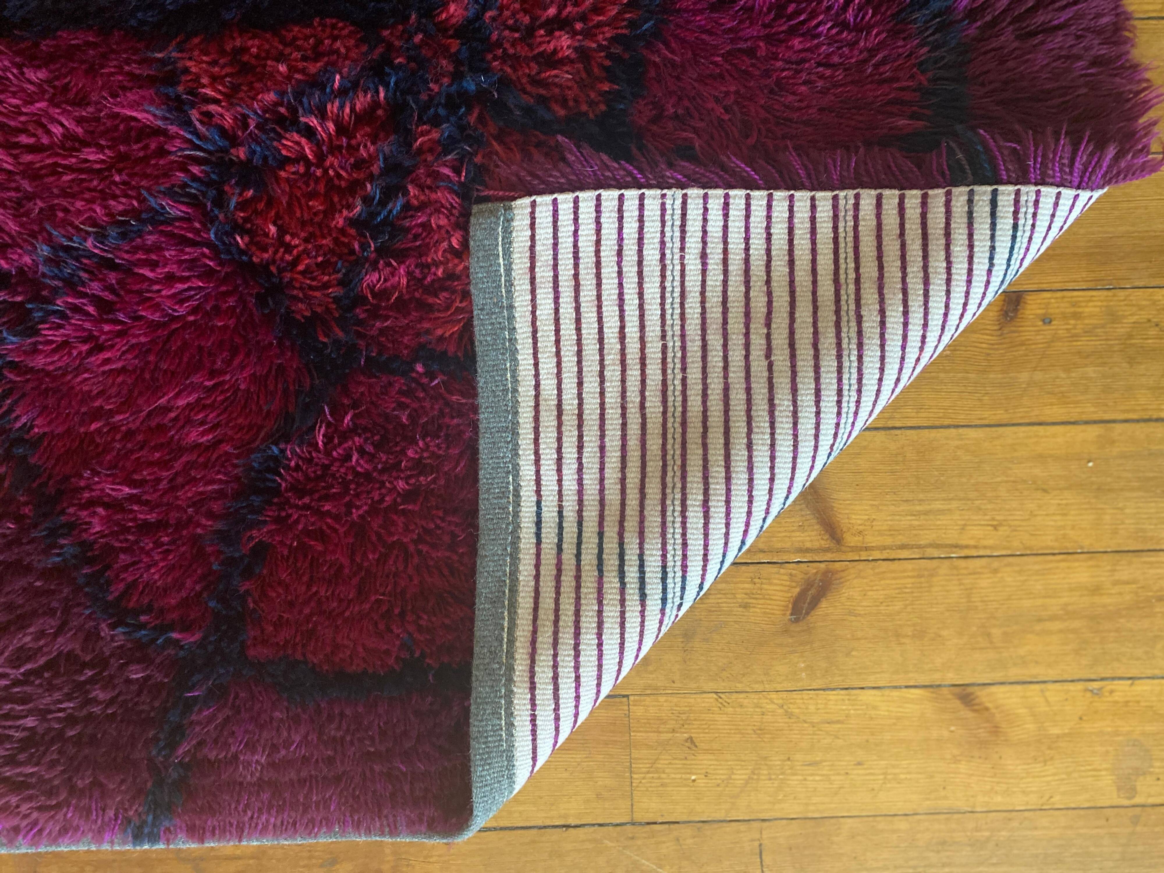 Mid-century Modern Bordeaux Red Rya Rug by Gull-Britt Johansson for NIAB, Sweden