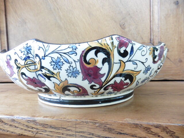 Lobé dish, melonnière in Gien earthenware decoration blue and ochre pattern 1960