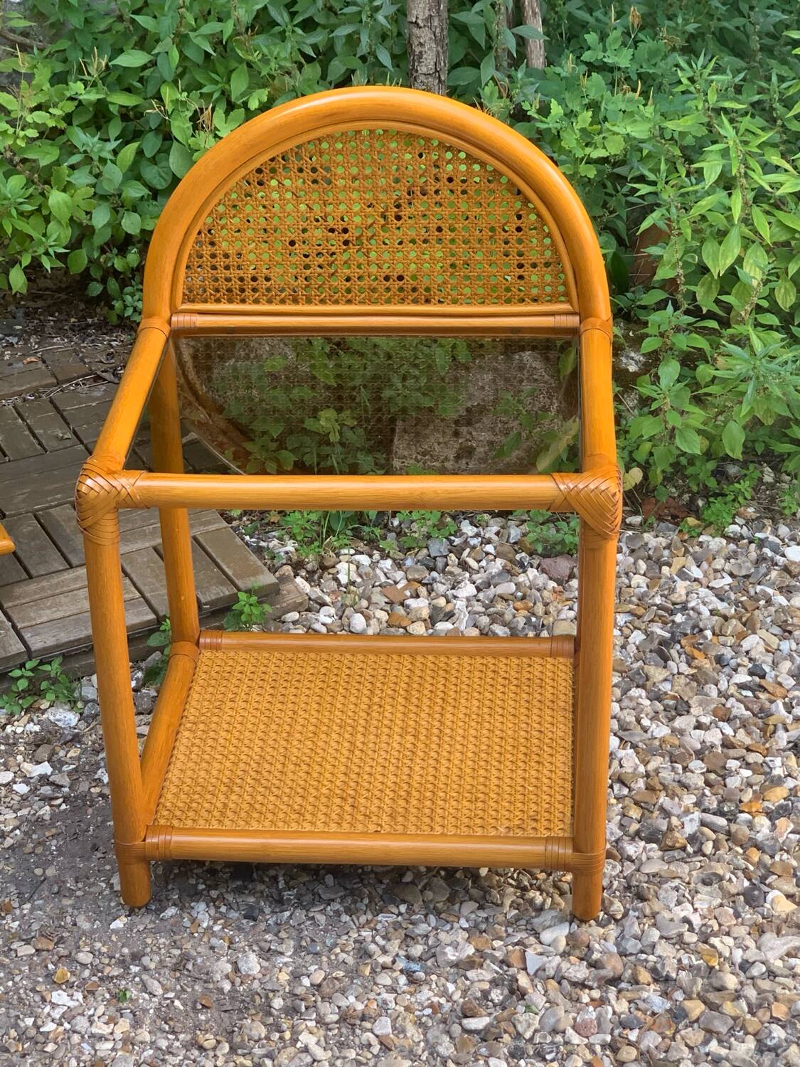 Chest of drawers and bedside table in rattan cane and oak, vintage 1970s