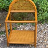Chest of drawers and bedside table in rattan cane and oak, vintage 1970s
