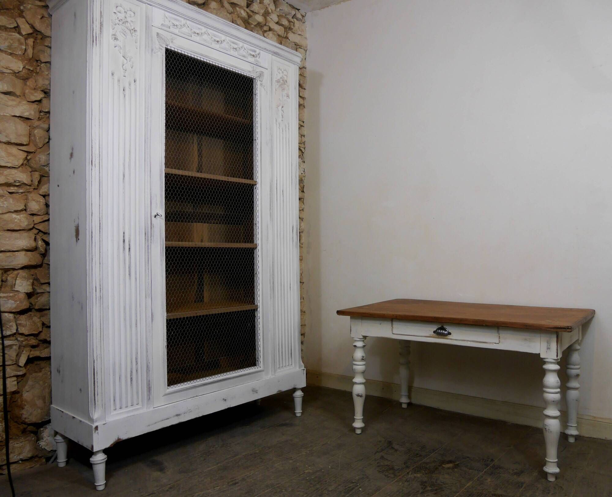 shabby wardrobe with Louis XVI style mesh door