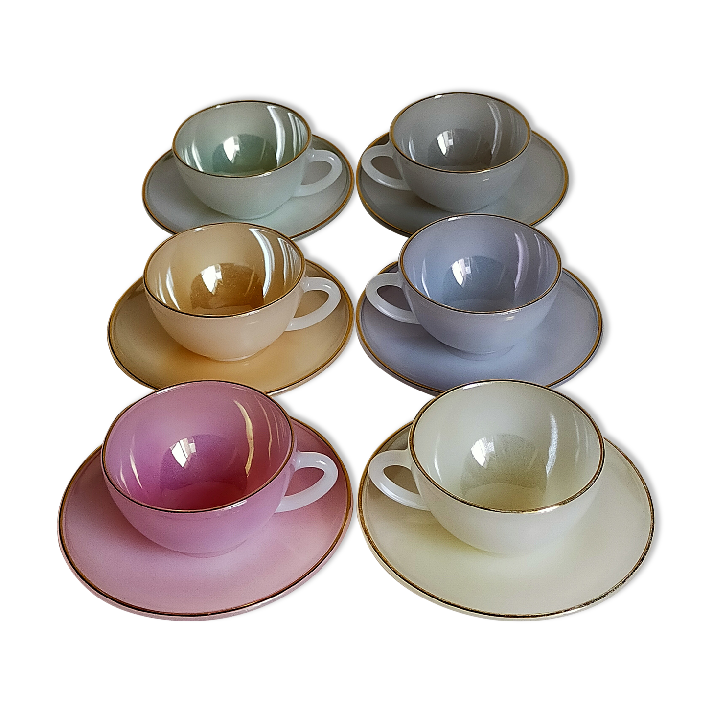 Six vintage iridescent pastel arcopal opaline cups