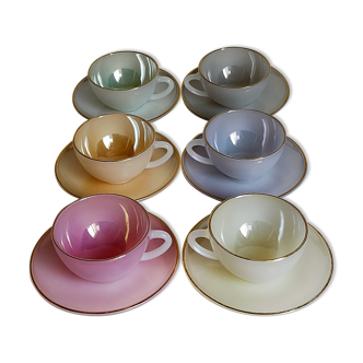 Six vintage iridescent pastel arcopal opaline cups