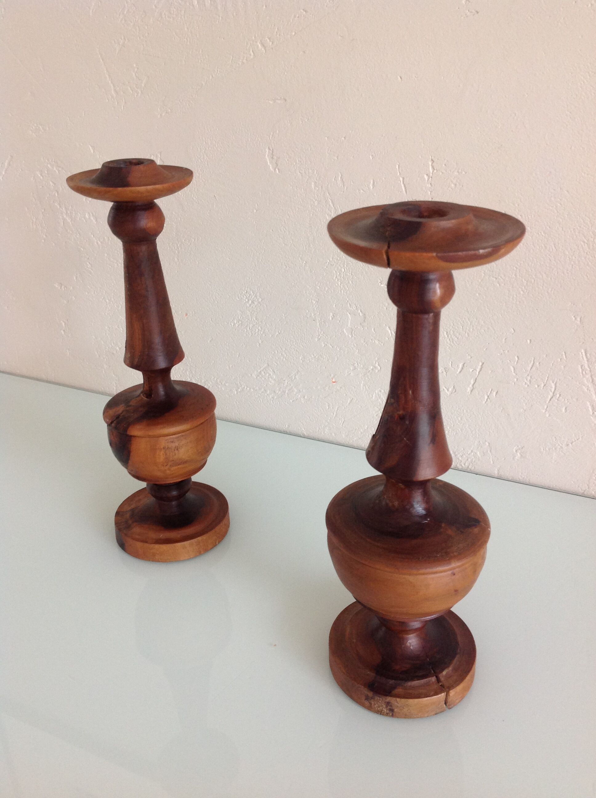 Pair of raw wood candlesticks