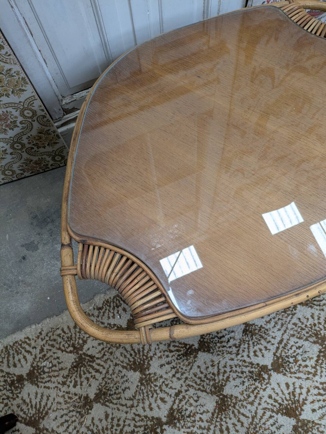 Rattan and glass coffee table