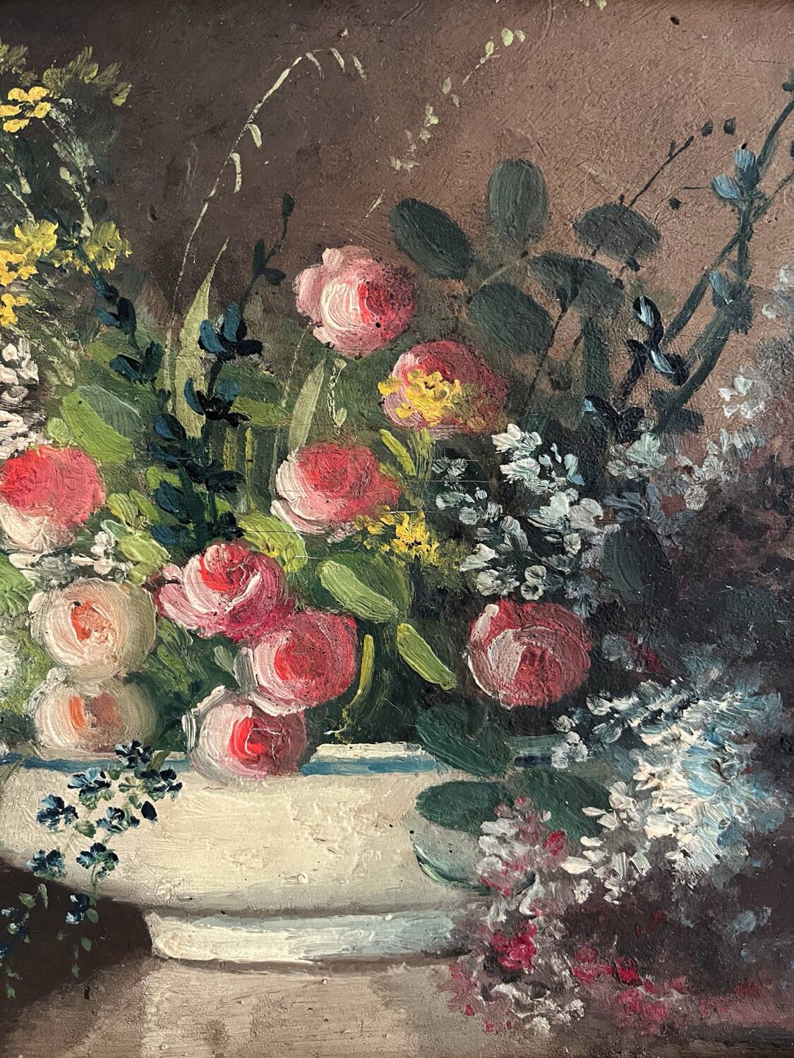 Old oil painting on wood of a bouquet of flowers signed Petit.