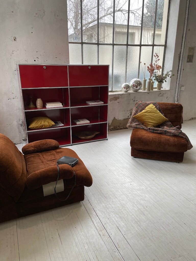 Pair 70s brown velvet armchairs
