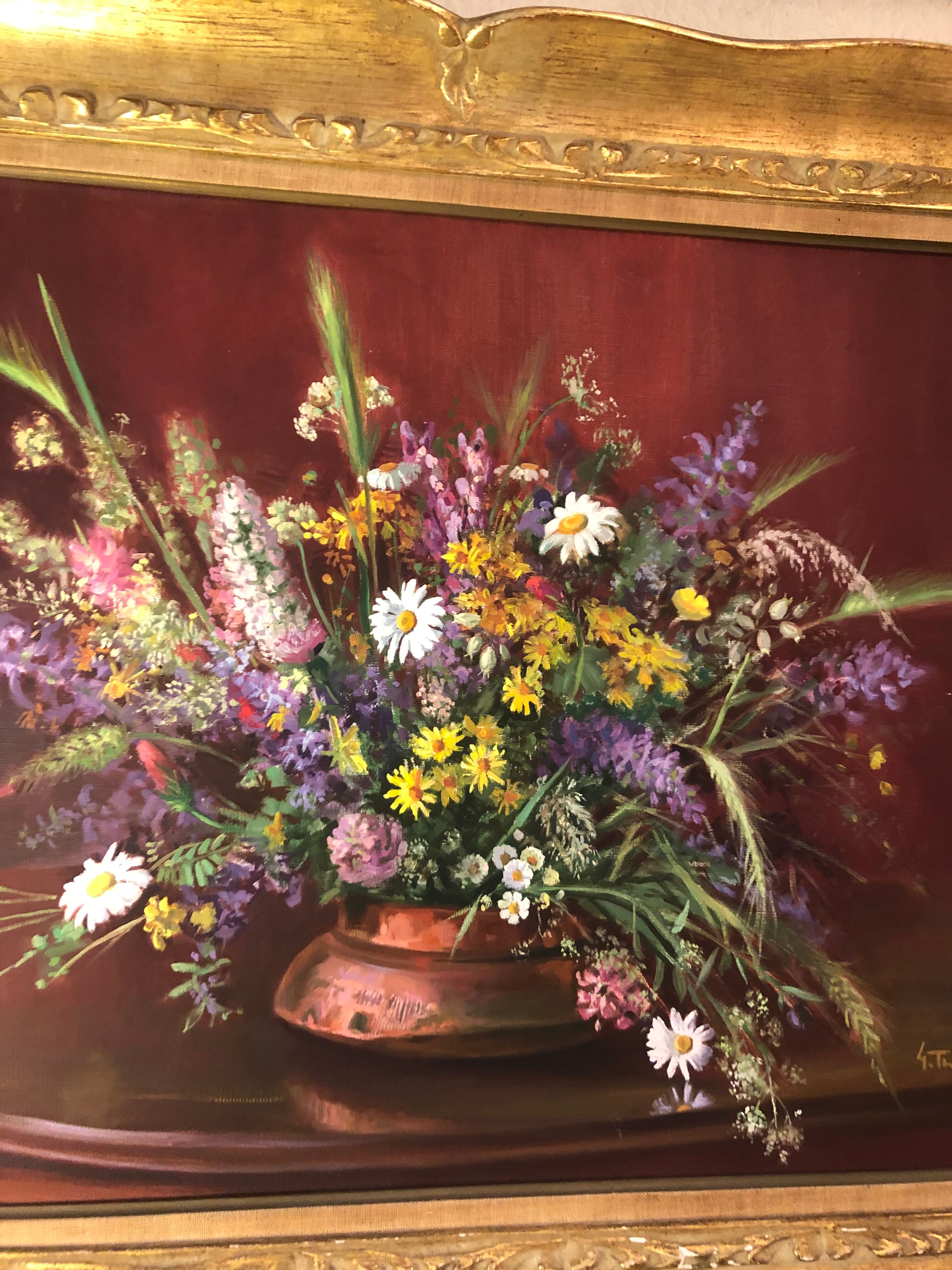 Tableau encadré et signé représentant bouquet de fleurs