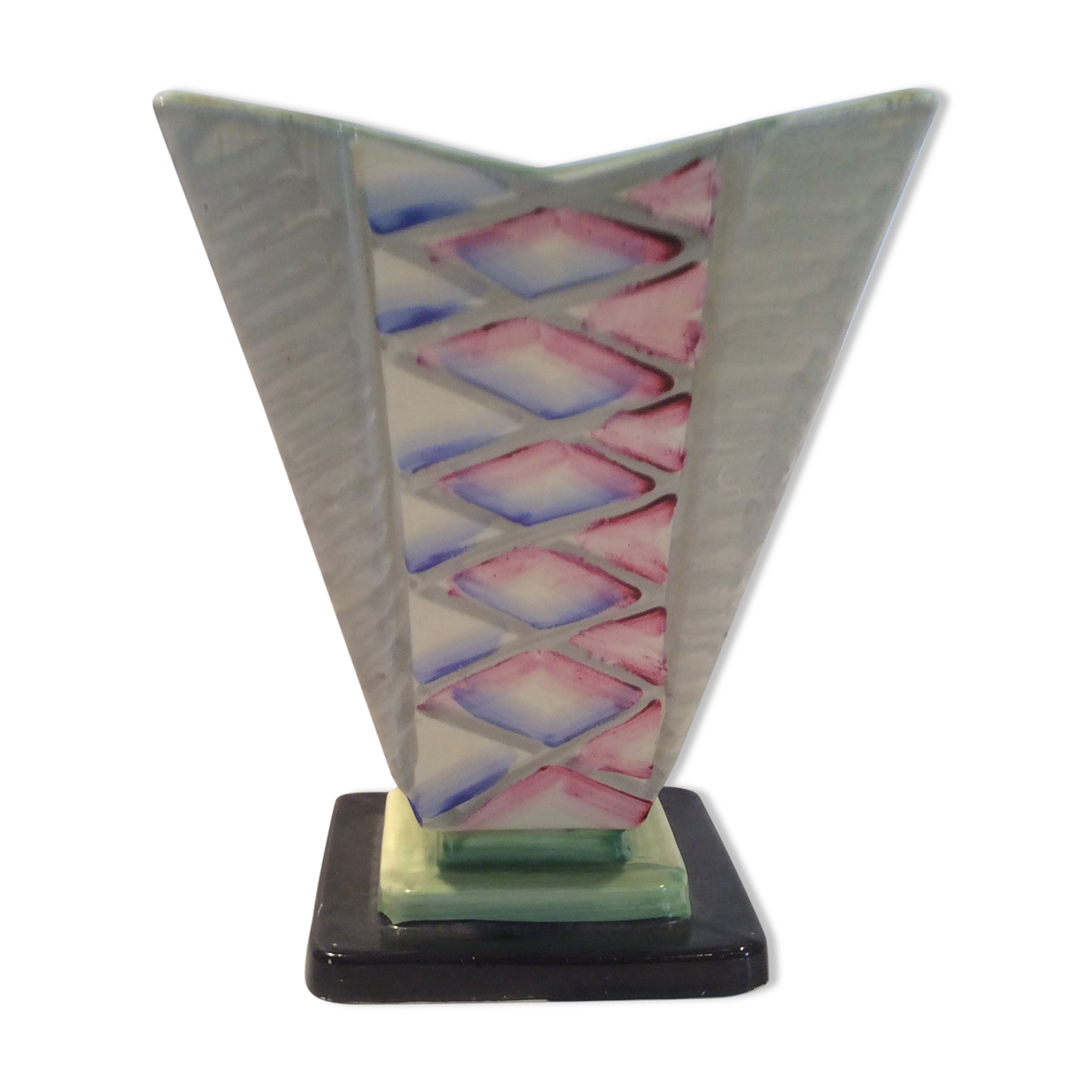 Hand painted art deco vase by Myott and son with flower holder in the centre