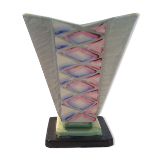 Vase art déco peint à la main par Myott et fils avec porte-fleurs au centre