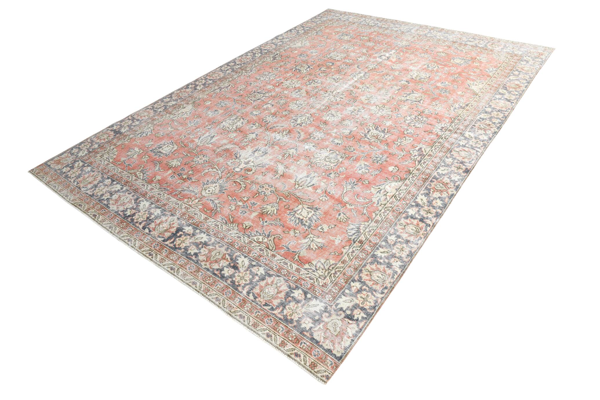 7x11 Salmon Pink & Blue Vintage Persian Rug, Large Floral Rustic Decor