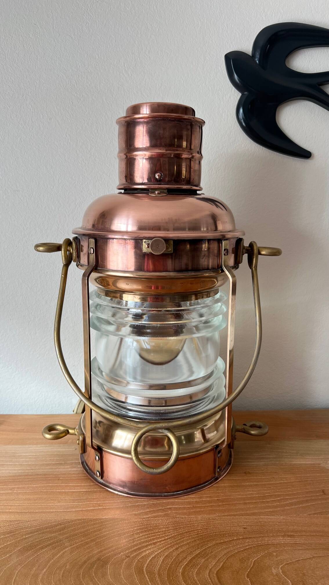 Large electrified copper and brass lamp