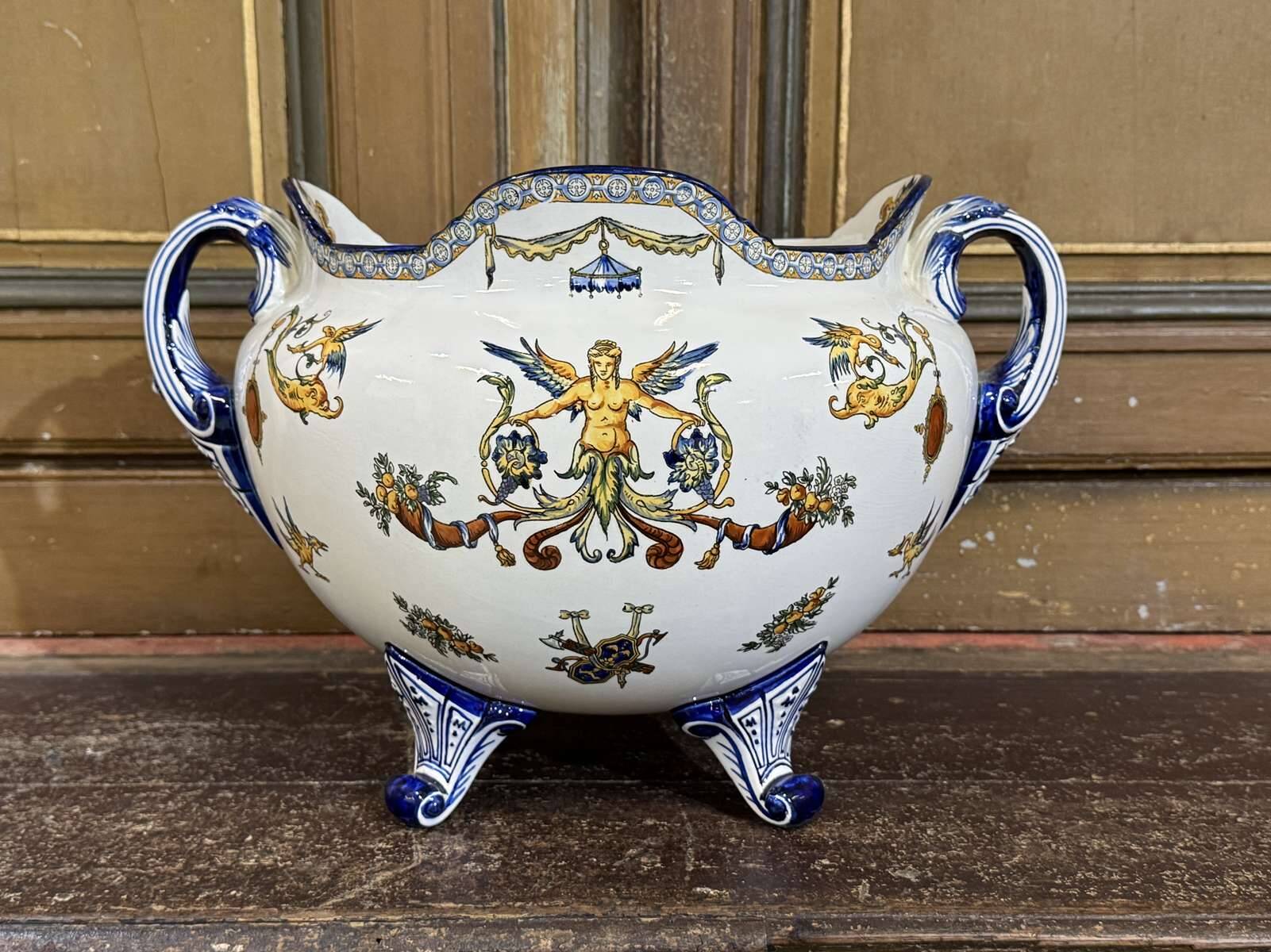 Gien earthenware cache pot from the late 19th century with Renaissance decoration.
