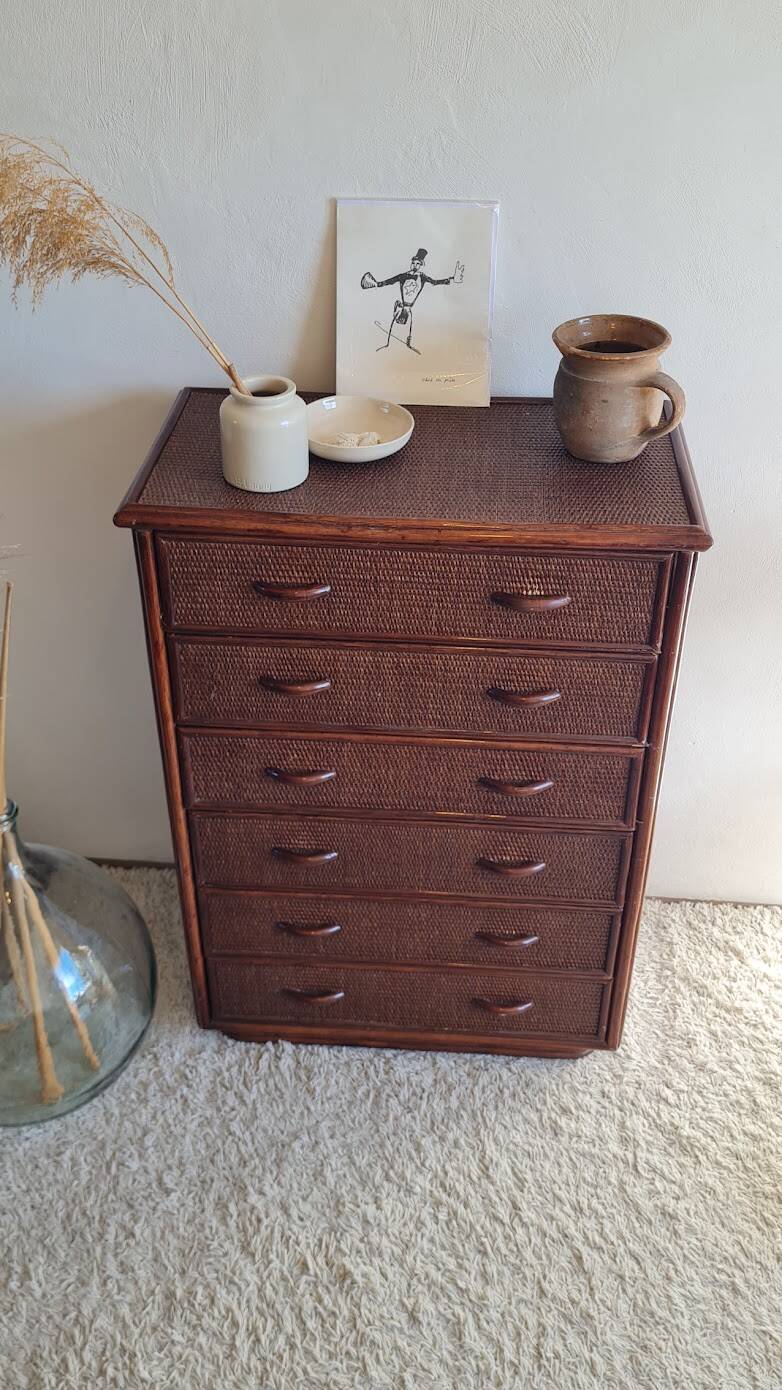Commode en rotin vintage circa années 70
