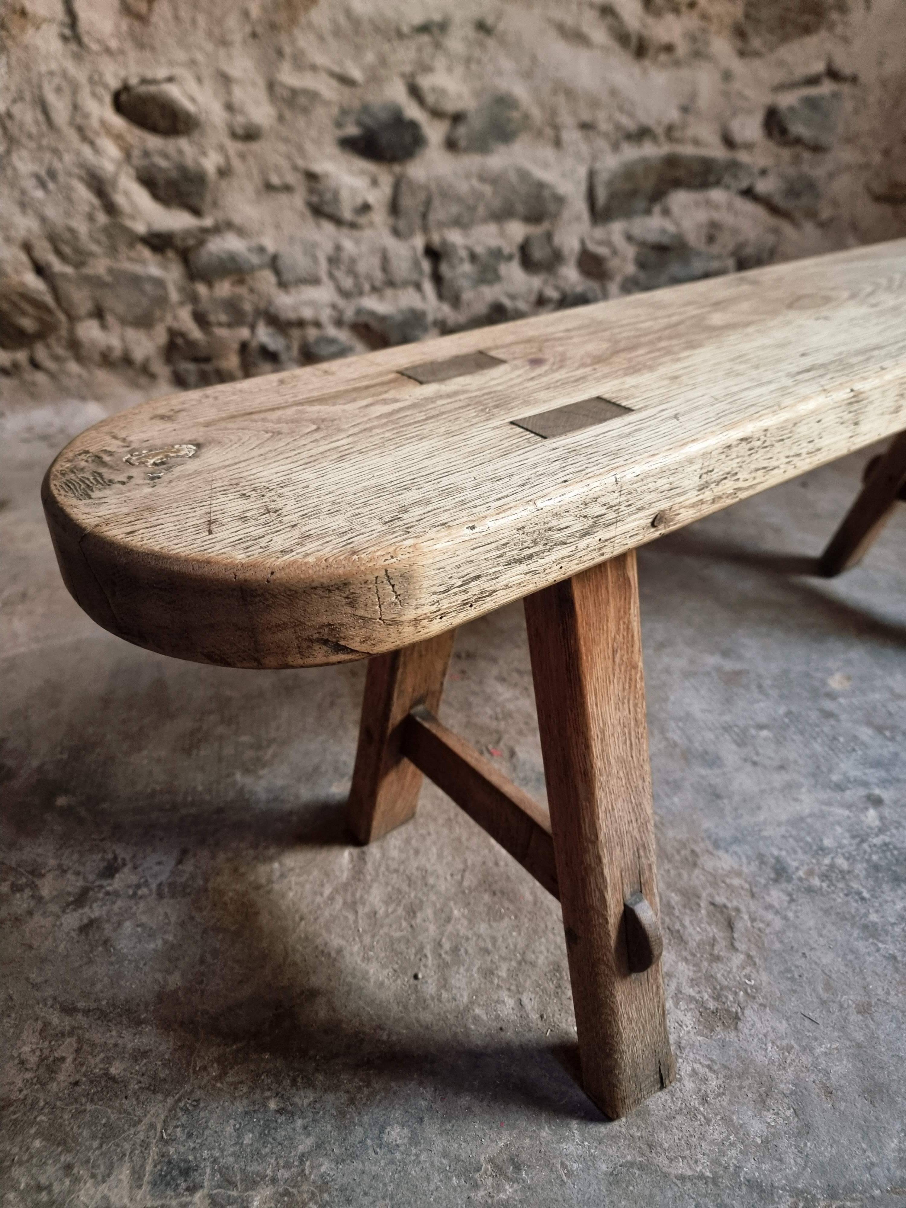 Vintage oak French bench – Rustic farmhouse seat – 1950s