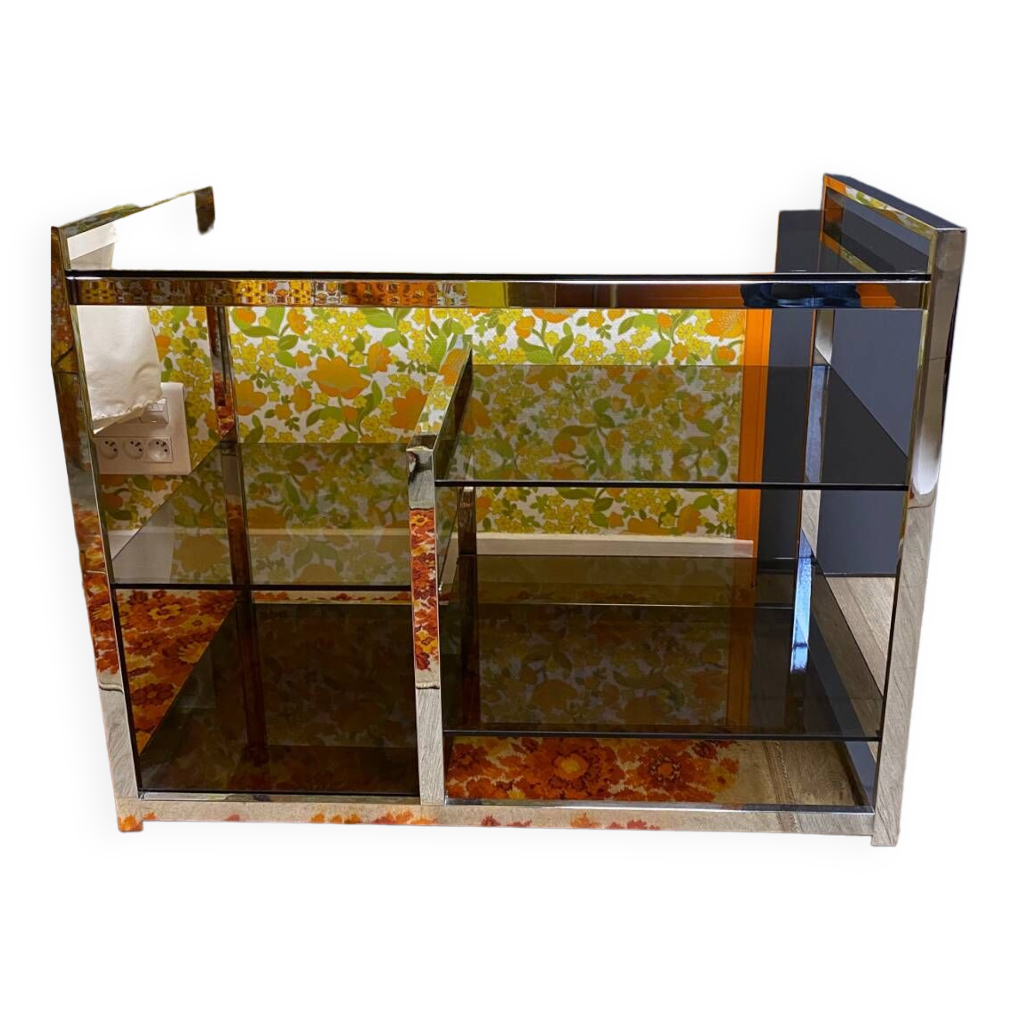 Vintage 70s chrome and smoked glass console