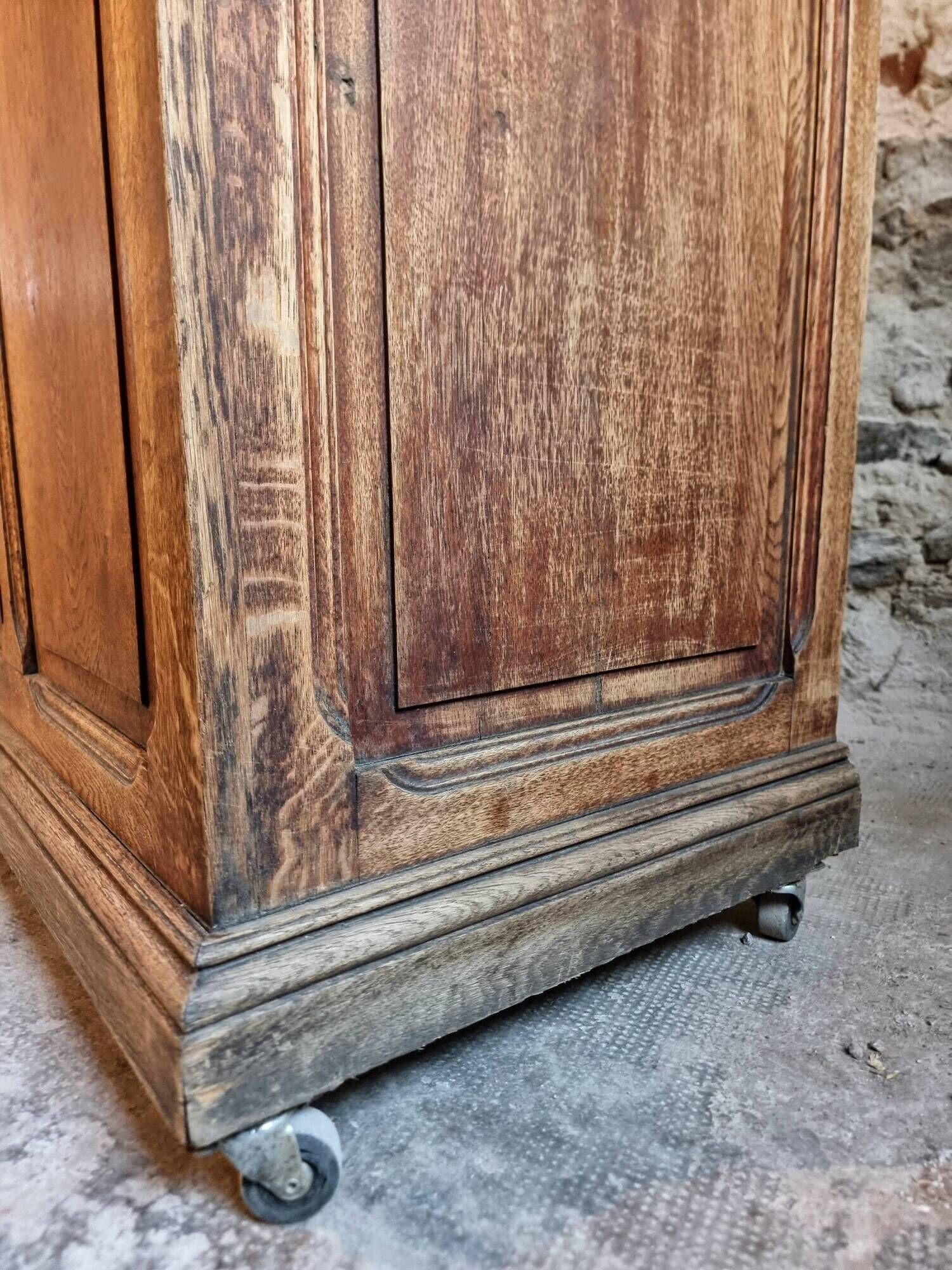 Antique French oak shop counter, kitchen island on wheels, circa 1880–1900.