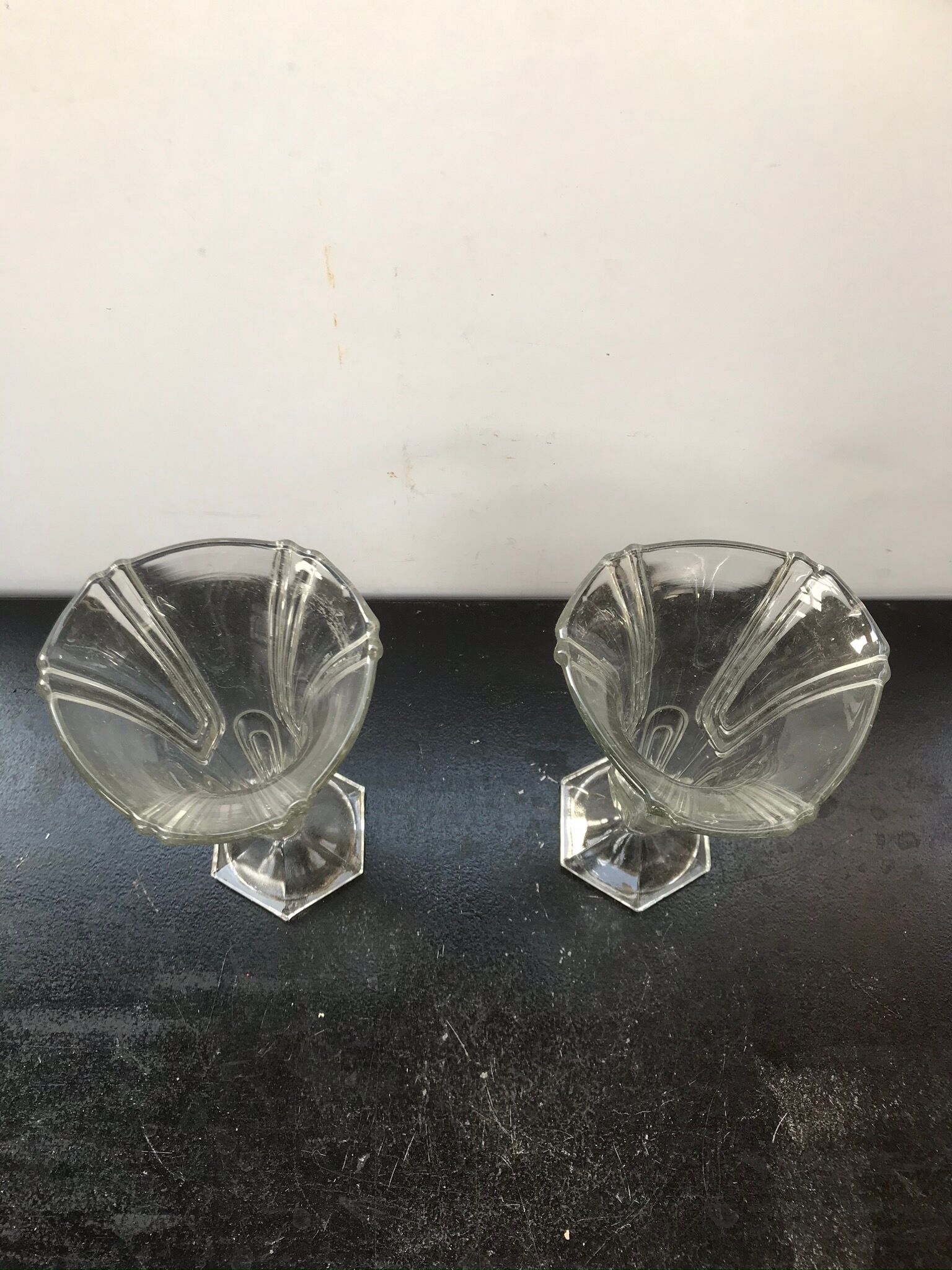 Pair of old art deco style vintage molded glass vases