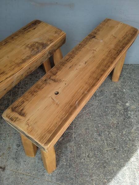 Pair of 2 patinated solid wood benches / stools