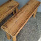 Pair of 2 patinated solid wood benches / stools