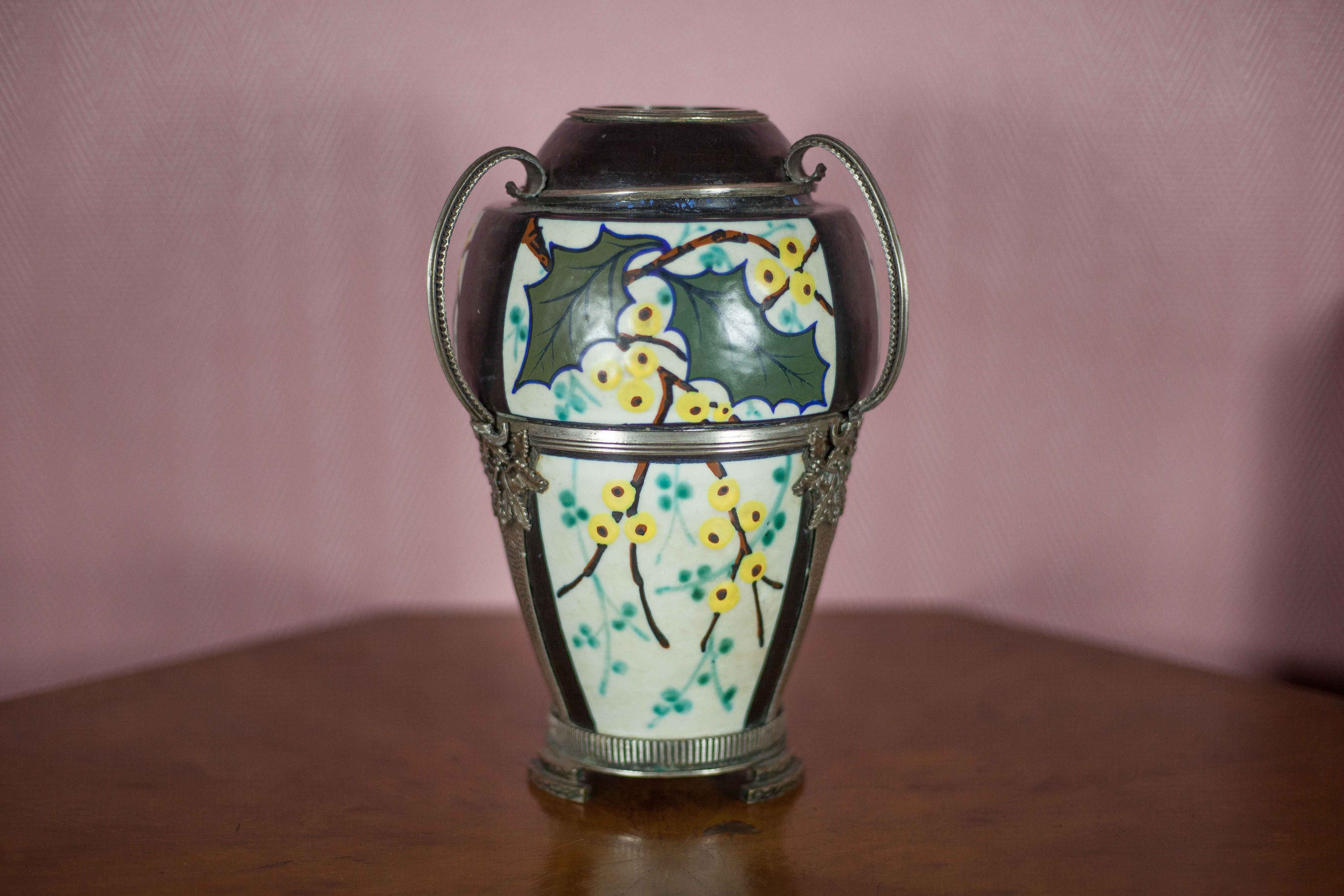Ceramic vase with silver frame, vase signed by Argyl, Art Nouveau vase, art deco, collection