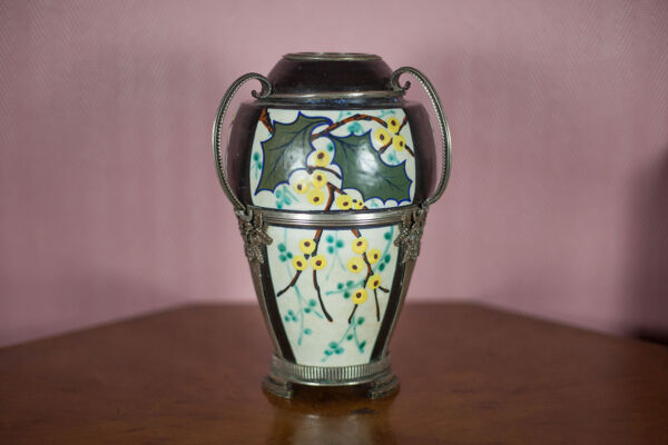 Vase ceramique avec monture argenté vase signé d'Argyl, vase Art nouveau, art déco, collection