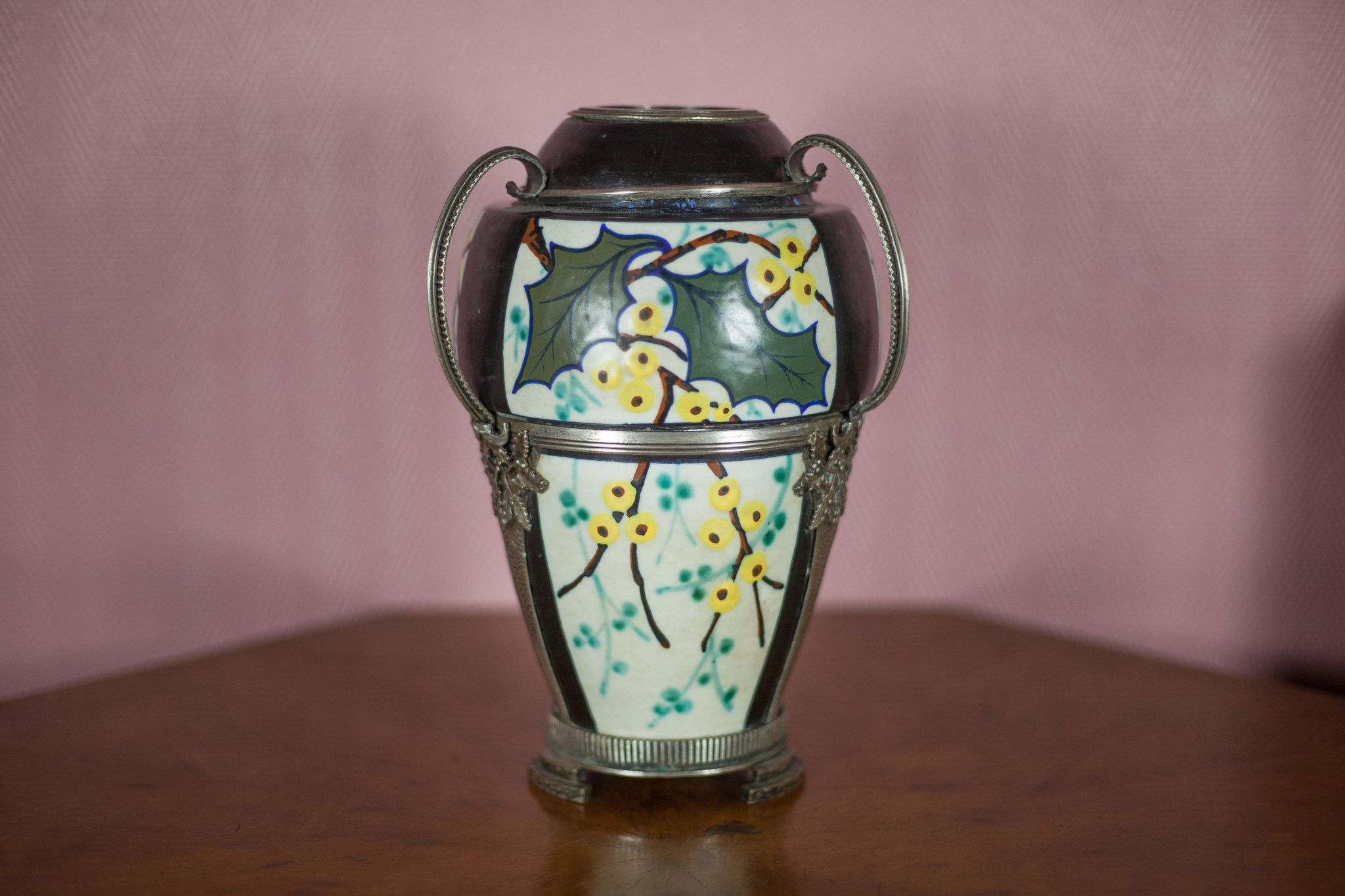 Ceramic vase with silver frame, vase signed by Argyl, Art Nouveau vase, art deco, collection