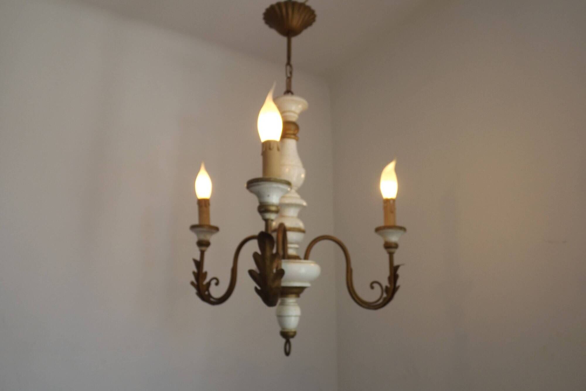 Vintage French 3-Light Chandelier White Wood & Bronzed Effect Metal