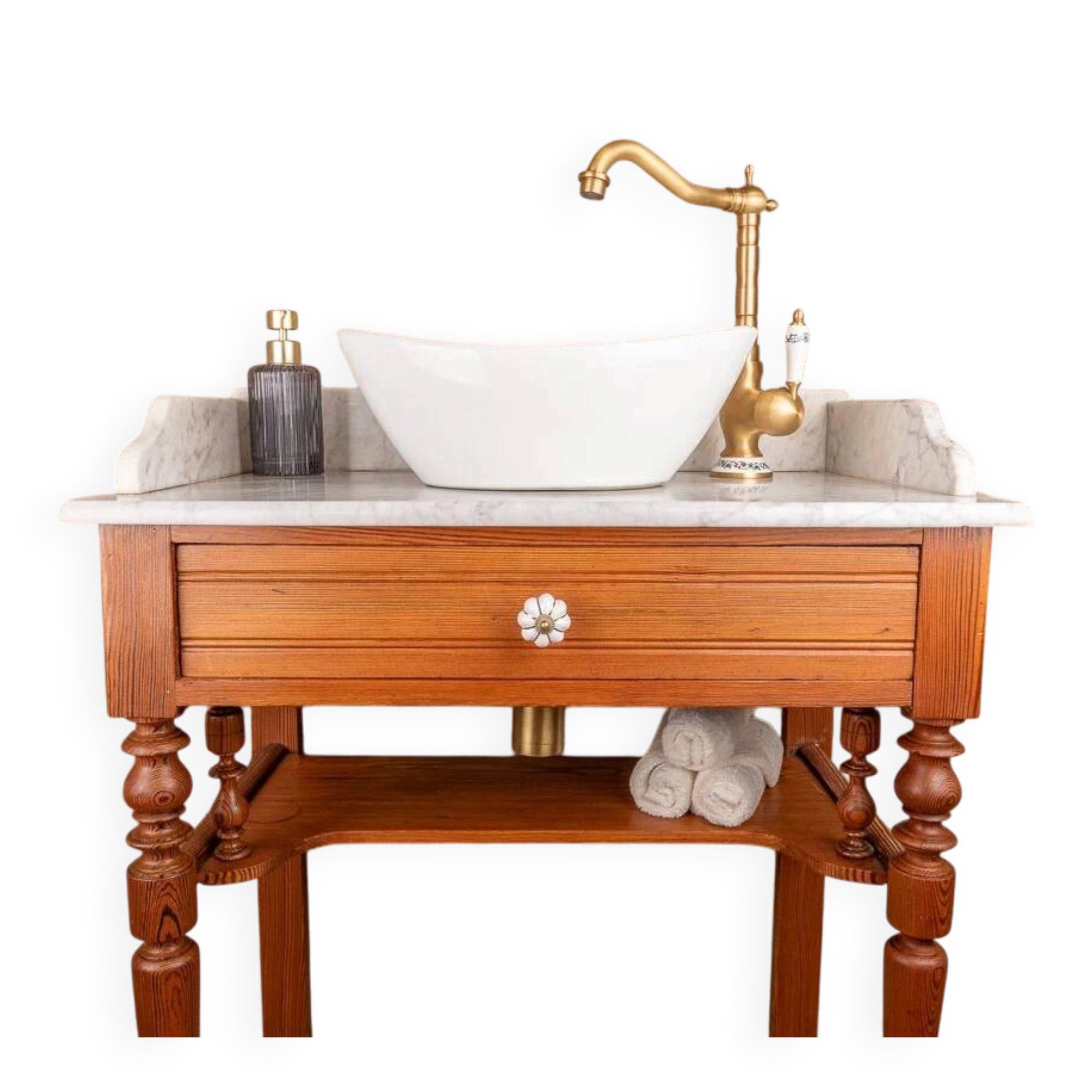 Antique washbasin cabinet in solid pitch pine with a white marble top.