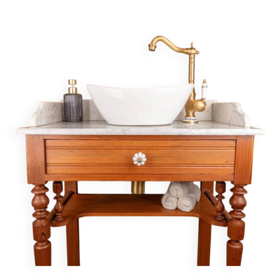 Meuble vasque ancien en pitchpin massif et plateau en marbre blanc