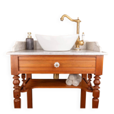 Meuble vasque ancien en pitchpin massif et plateau en marbre blanc