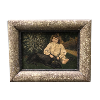 Old painting "The girl and the dog"