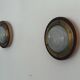 Pair of round glass wall lights, brass base and Wood Wood, 1960s, Italy.