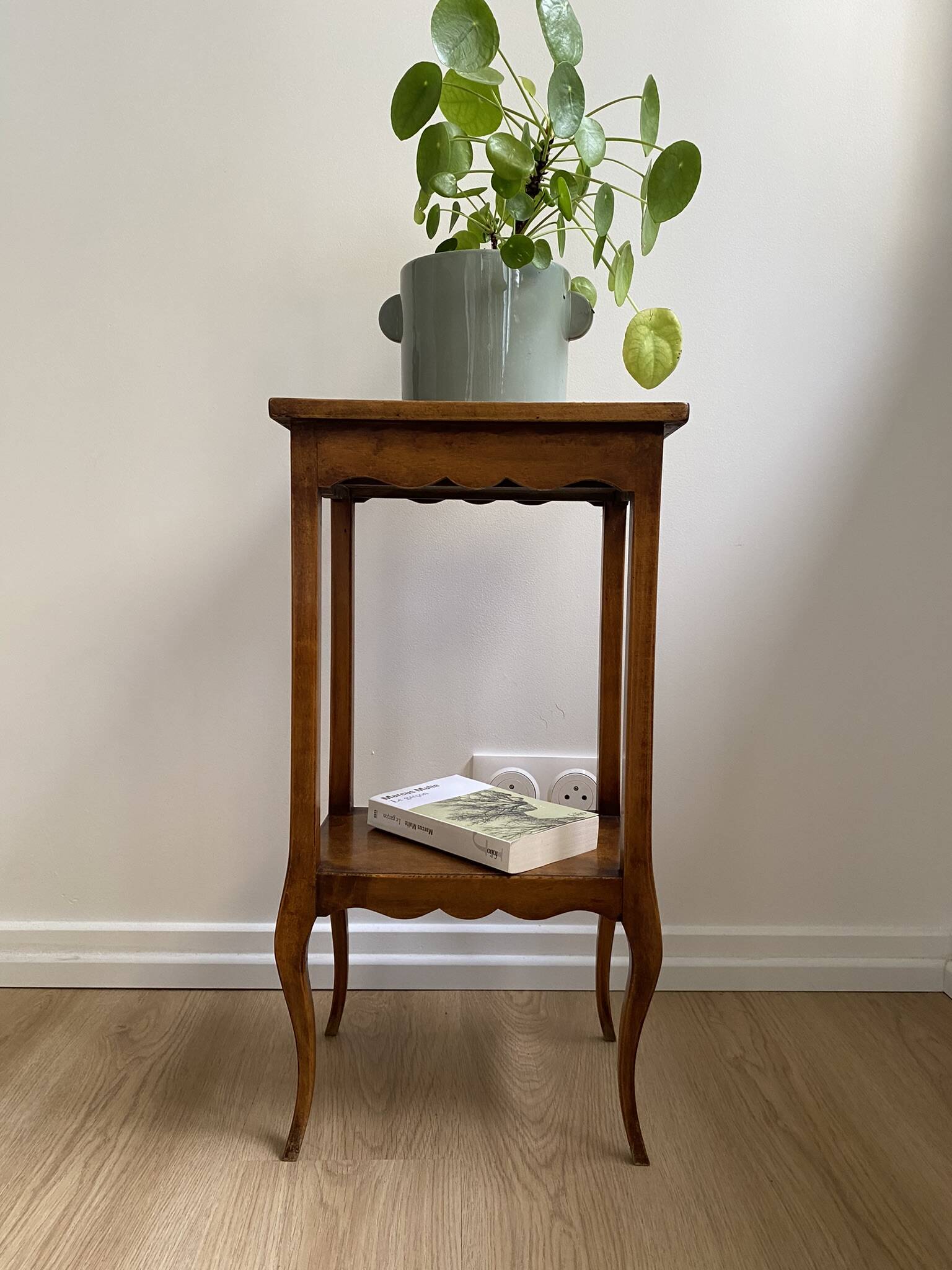 Small bedside table, nightstand, two-top ash plant stand with discreet drawer